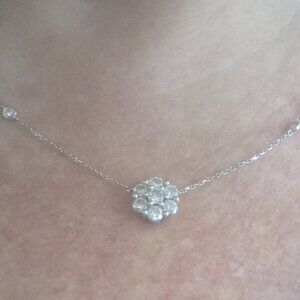 14K Gold Genuine Diamond Station Necklace with Diamond Cluster Flower Pendant